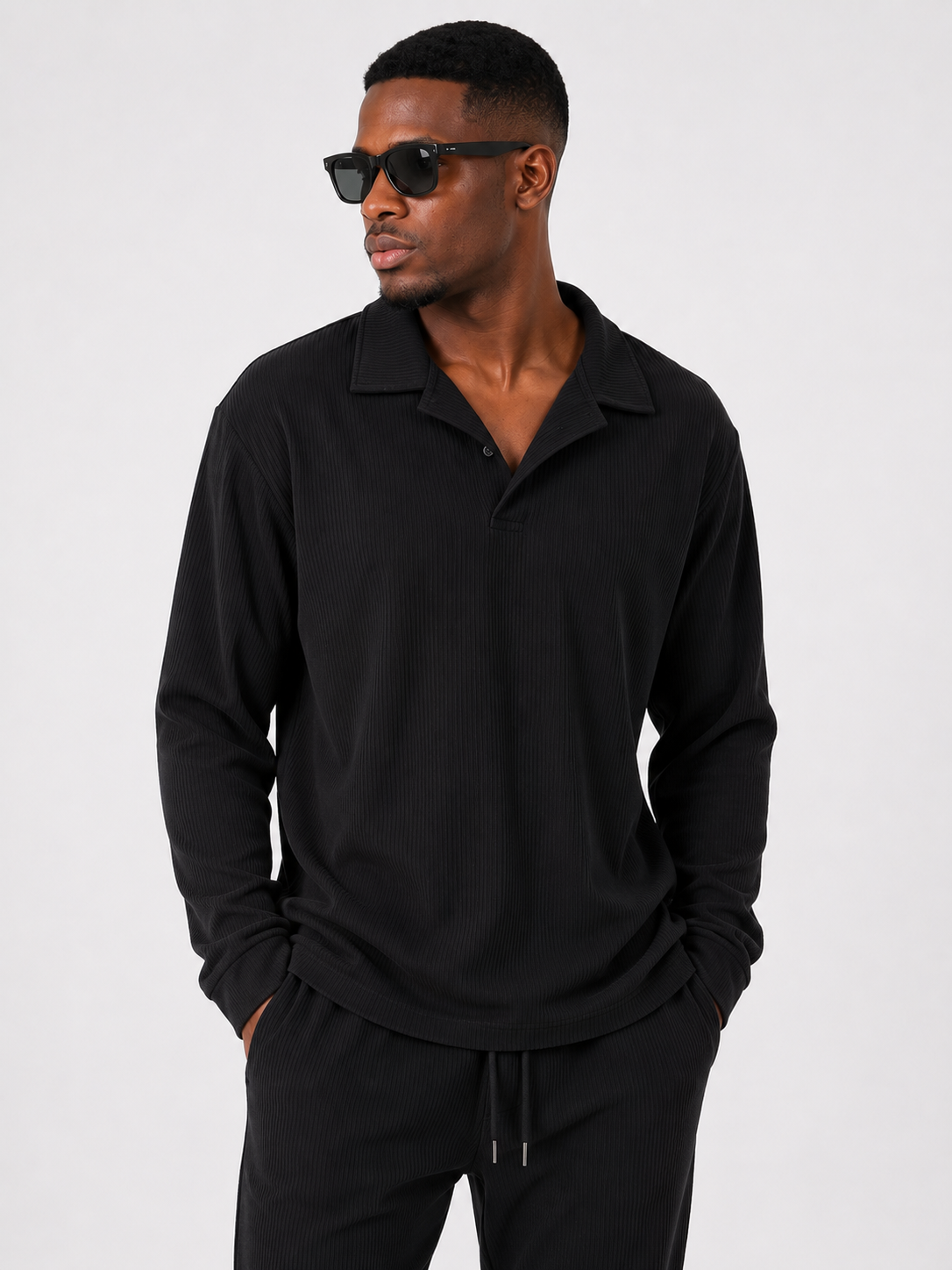 Ensemble Homme Premium Texturé – Chemise Manches Longues & Pantalon Confort | Noir