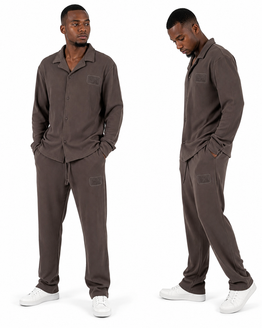 Ensemble Homme Premium Texturé – Chemise Manches Longues & Pantalon Confort | Marron