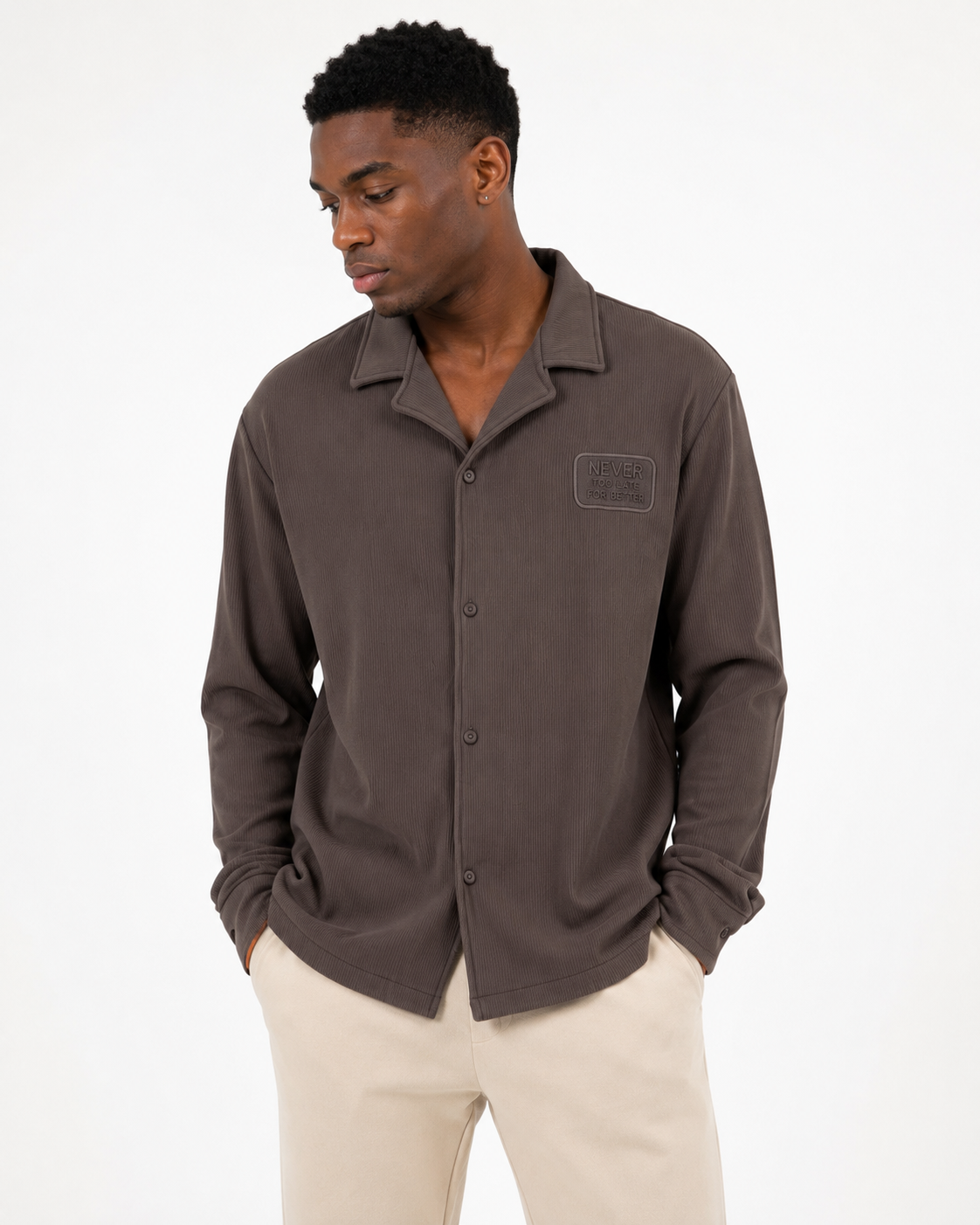 Ensemble Homme Premium Texturé – Chemise Manches Longues & Pantalon Confort | Marron